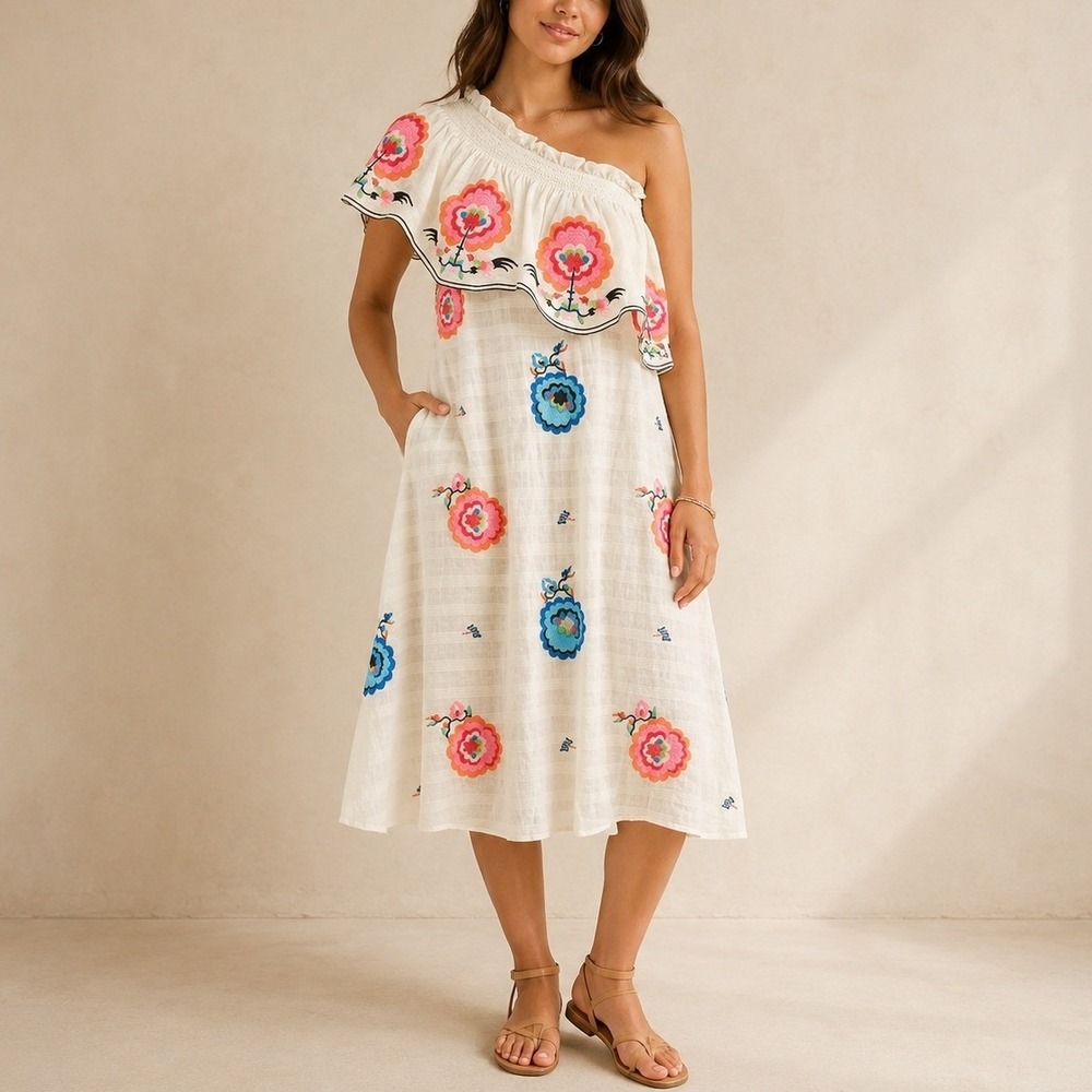 Plenty by Tracy Reese‎ Dress L Ivory Embroidered Floral Ruffle Boho Summer